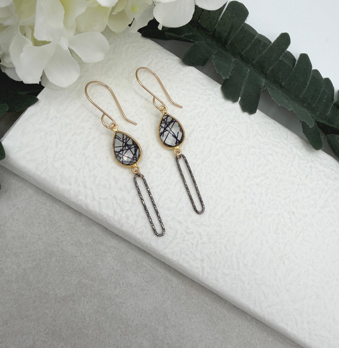 Earrings with Bezel Set Rutilated Quartz and Oxidized Silver Paperclip Loops GCHE-119