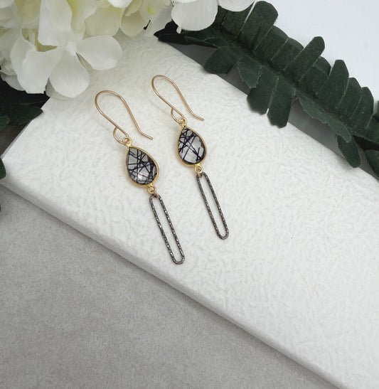 Earrings with Bezel Set Rutilated Quartz and Oxidized Silver Paperclip Loops GCHE-119