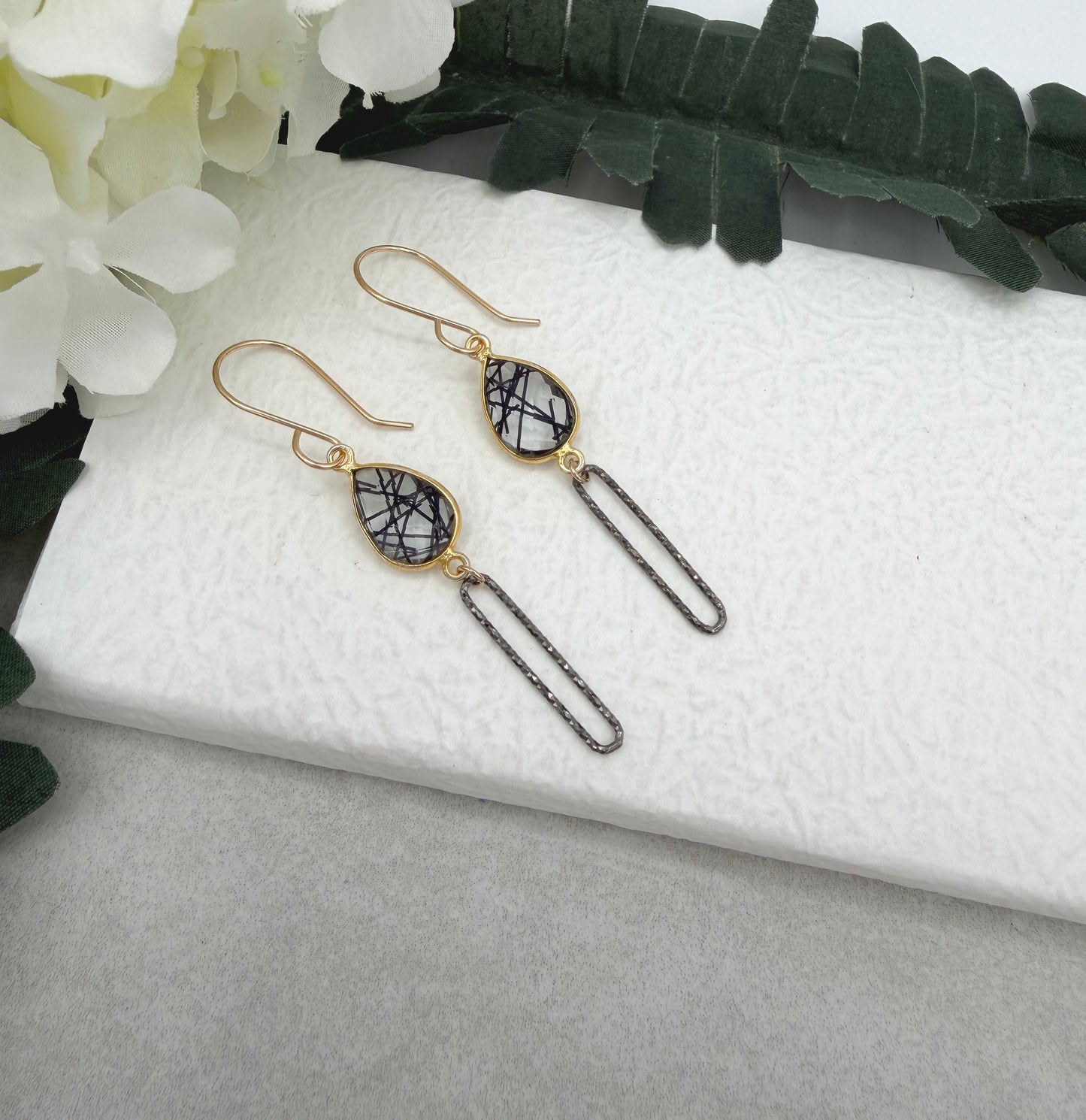 Earrings with Bezel Set Rutilated Quartz and Oxidized Silver Paperclip Loops GCHE-119