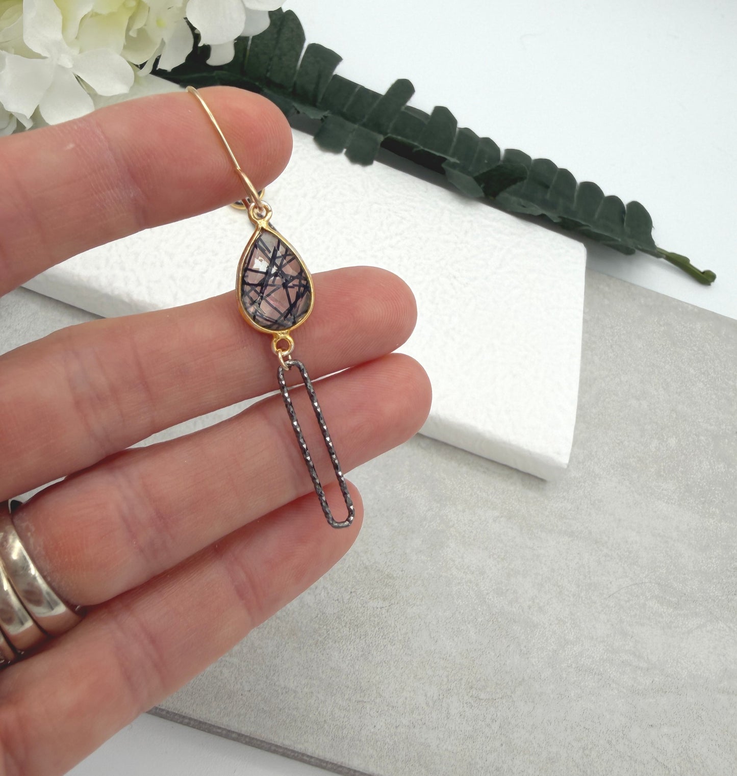 Earrings with Bezel Set Rutilated Quartz and Oxidized Silver Paperclip Loops GCHE-119