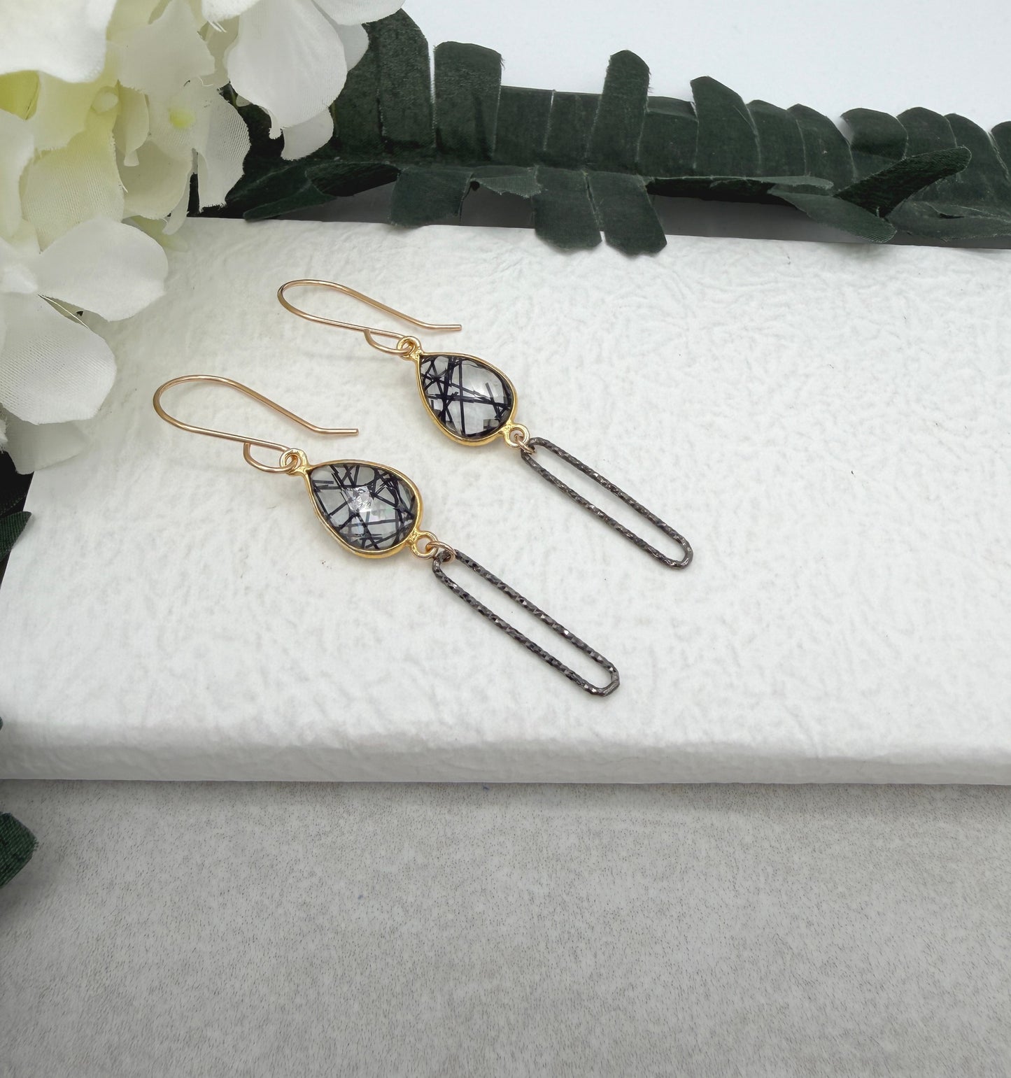 Earrings with Bezel Set Rutilated Quartz and Oxidized Silver Paperclip Loops GCHE-119