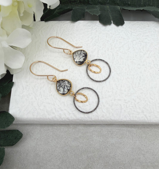 Earrings with Bezel Set Rutilated Quartz, Gold Filled Links and Oxidized Silver Loops GCHE-120