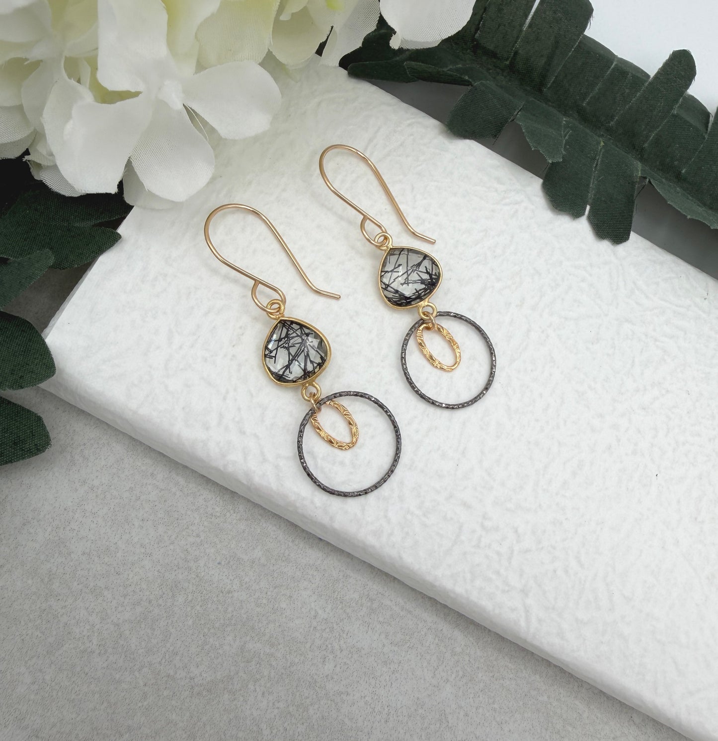 Earrings with Bezel Set Rutilated Quartz, Gold Filled Links and Oxidized Silver Loops GCHE-120
