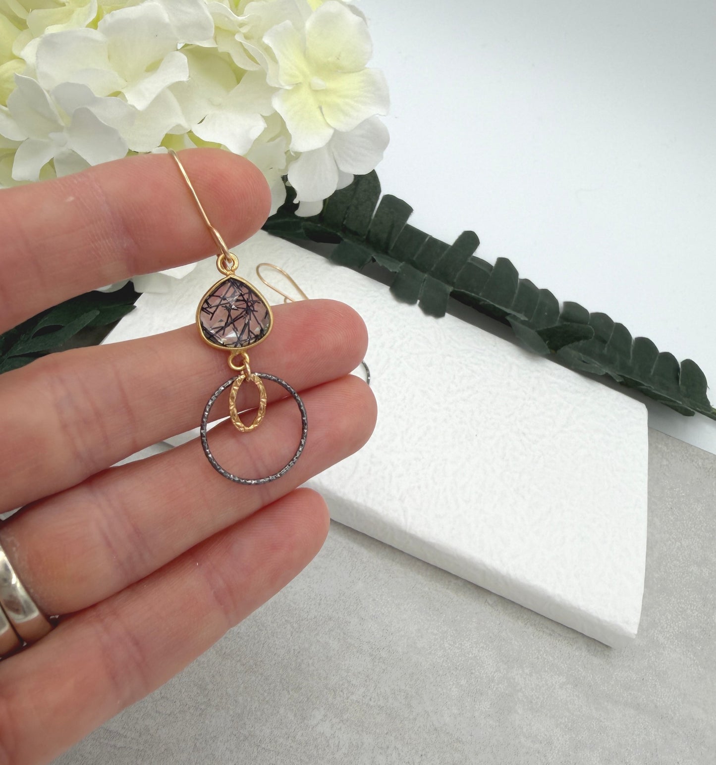 Earrings with Bezel Set Rutilated Quartz, Gold Filled Links and Oxidized Silver Loops GCHE-120