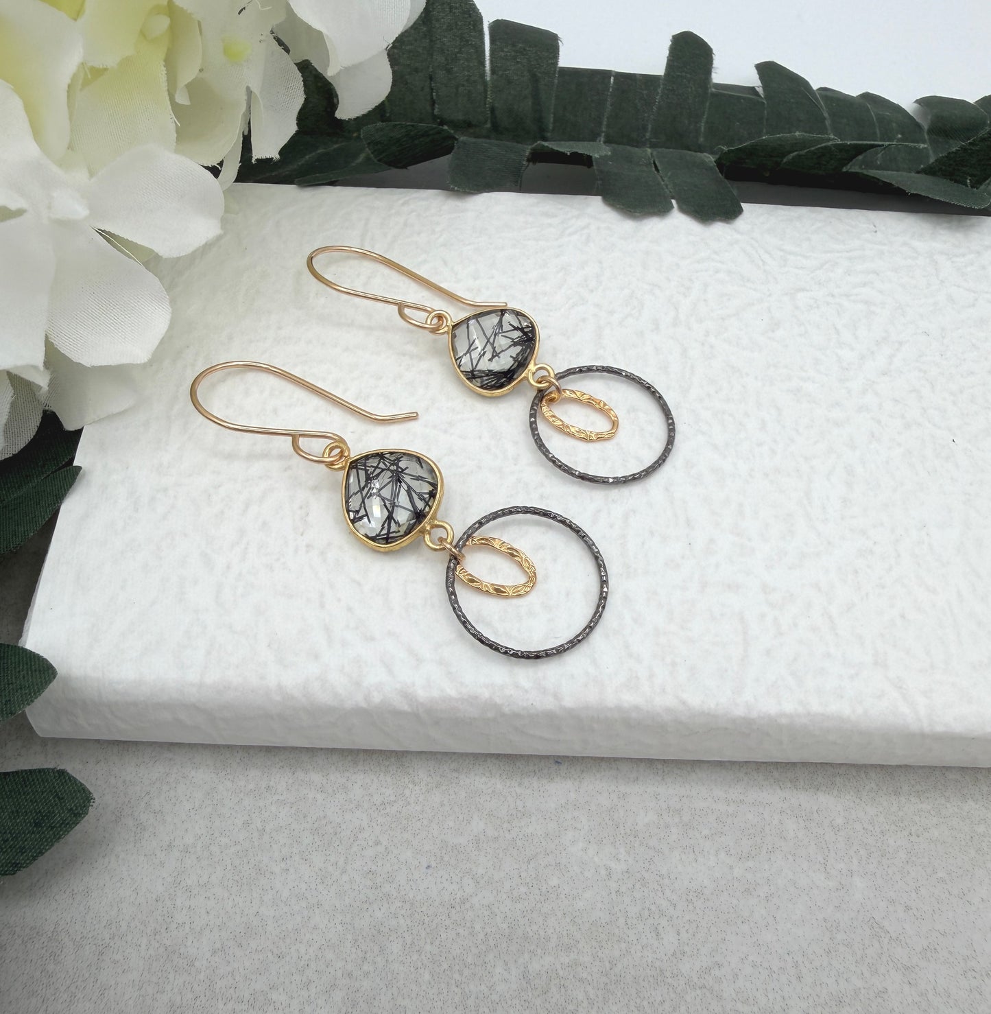 Earrings with Bezel Set Rutilated Quartz, Gold Filled Links and Oxidized Silver Loops GCHE-120