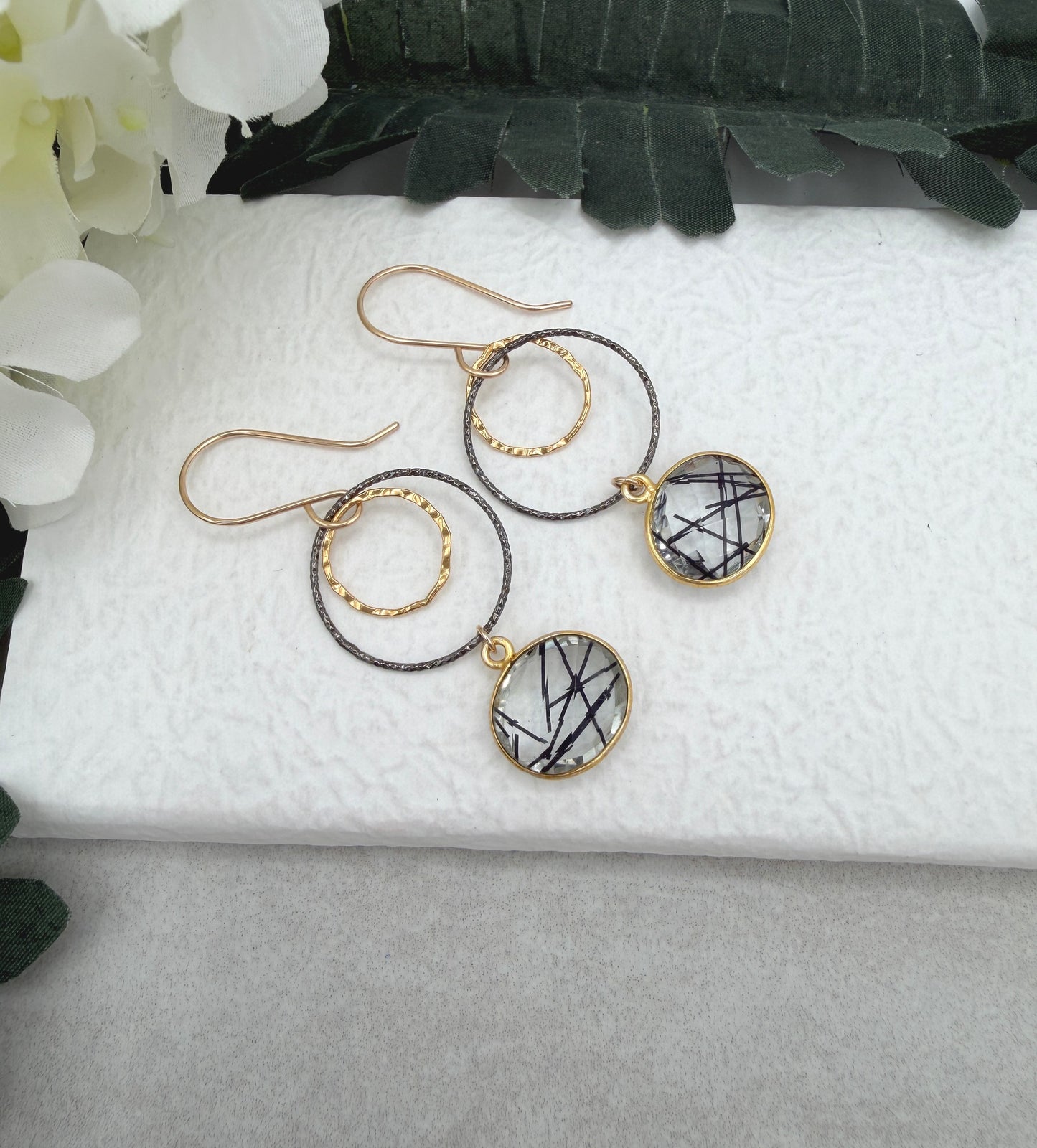 Earrings with Bezel Set Rutilated Quartz, Gold Filled Links and Oxidized Silver Loops GCHE-121