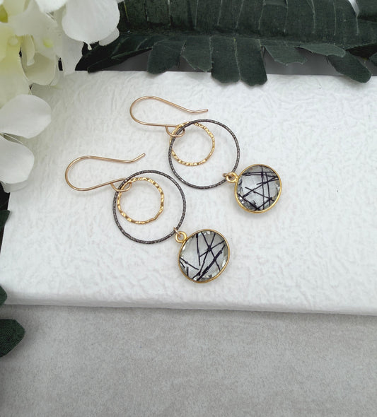 Earrings with Bezel Set Rutilated Quartz, Gold Filled Links and Oxidized Silver Loops GCHE-121
