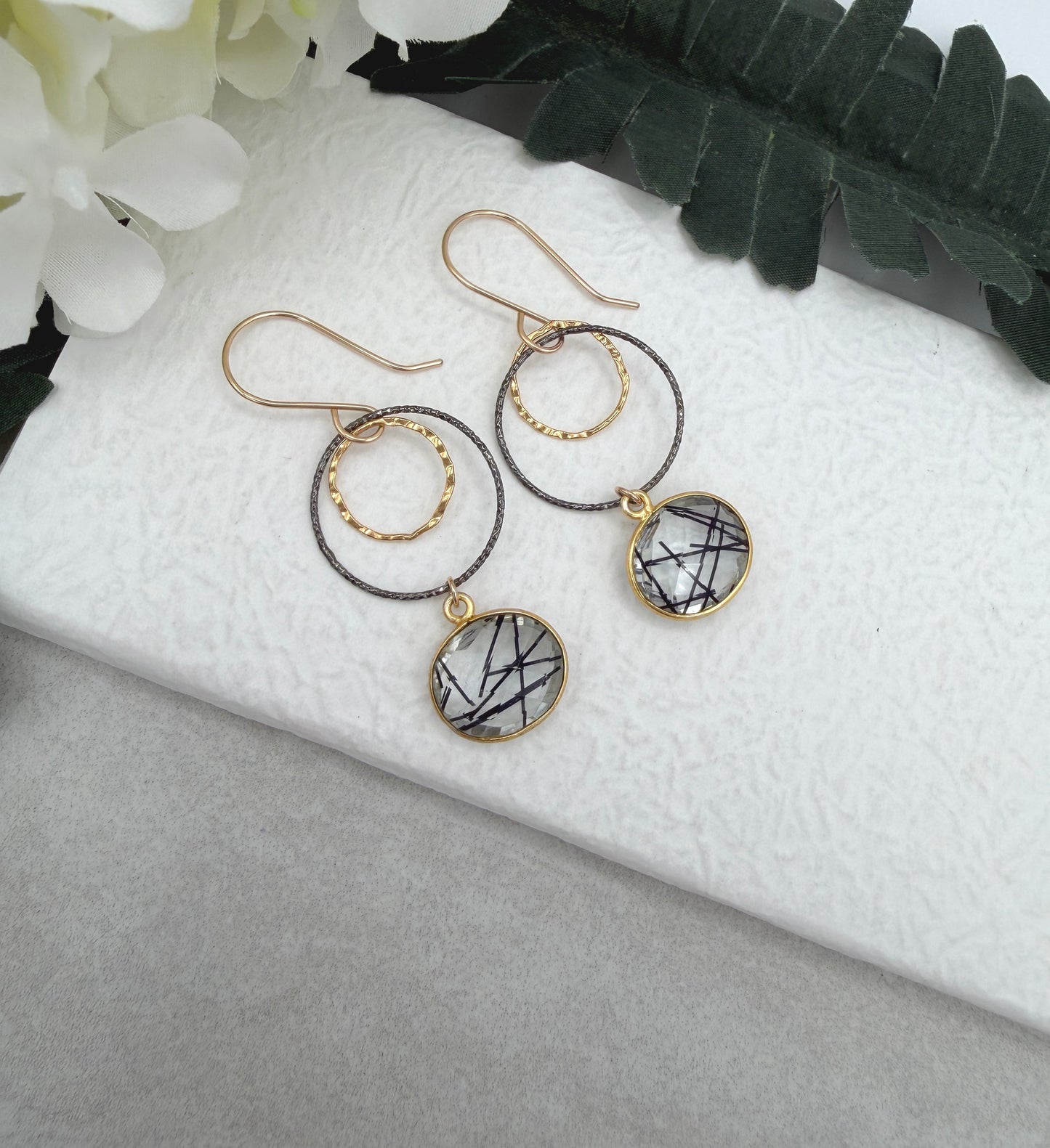 Earrings with Bezel Set Rutilated Quartz, Gold Filled Links and Oxidized Silver Loops GCHE-121