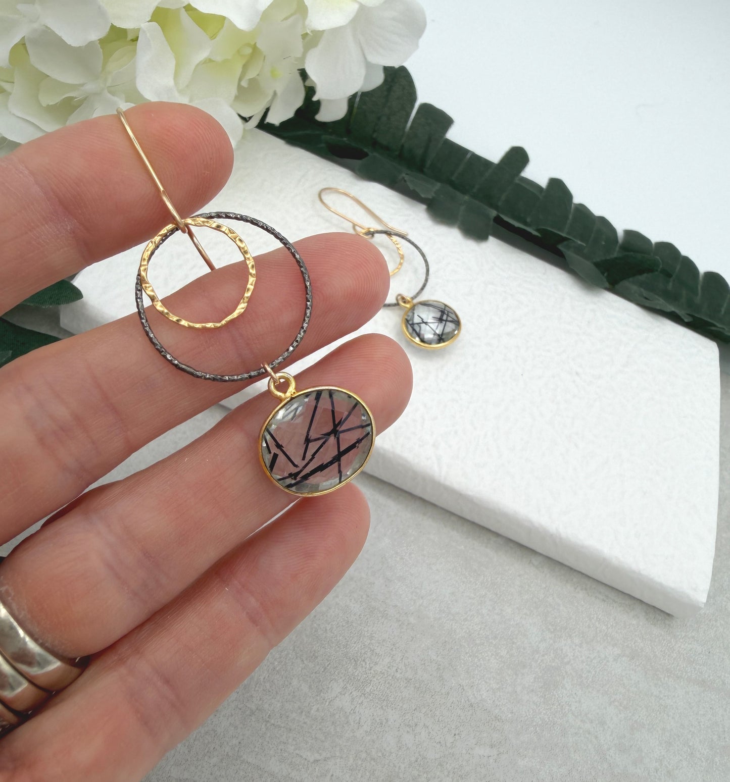 Earrings with Bezel Set Rutilated Quartz, Gold Filled Links and Oxidized Silver Loops GCHE-121
