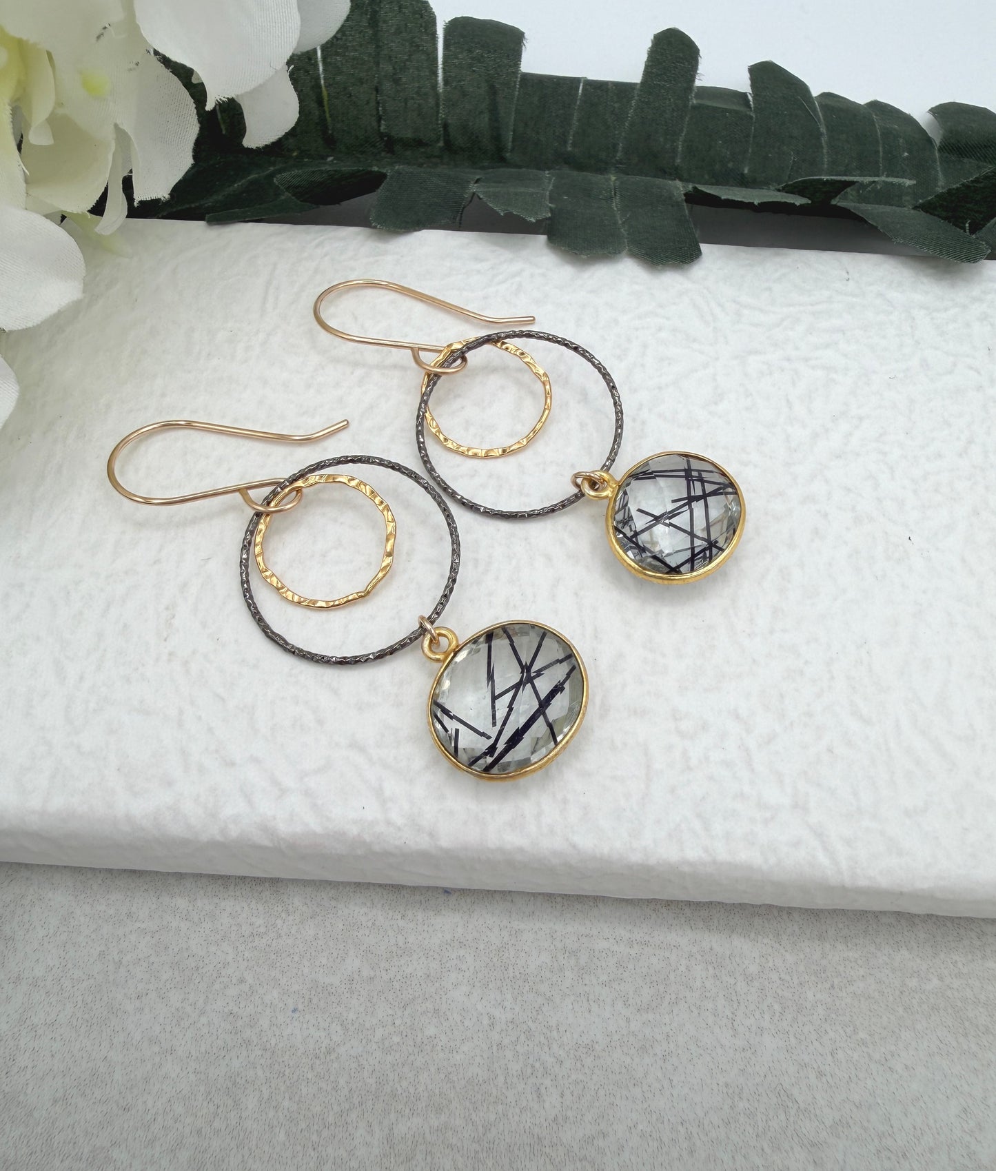 Earrings with Bezel Set Rutilated Quartz, Gold Filled Links and Oxidized Silver Loops GCHE-121