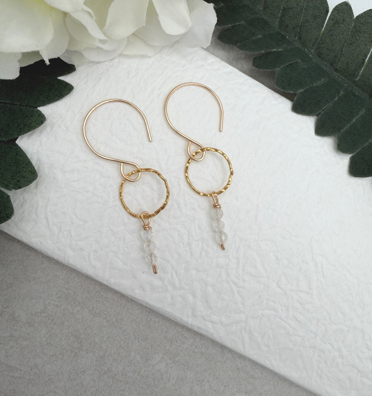 Earrings with Gold Filled Textured Loops and a Line of Moonstone Beads GCHE-122