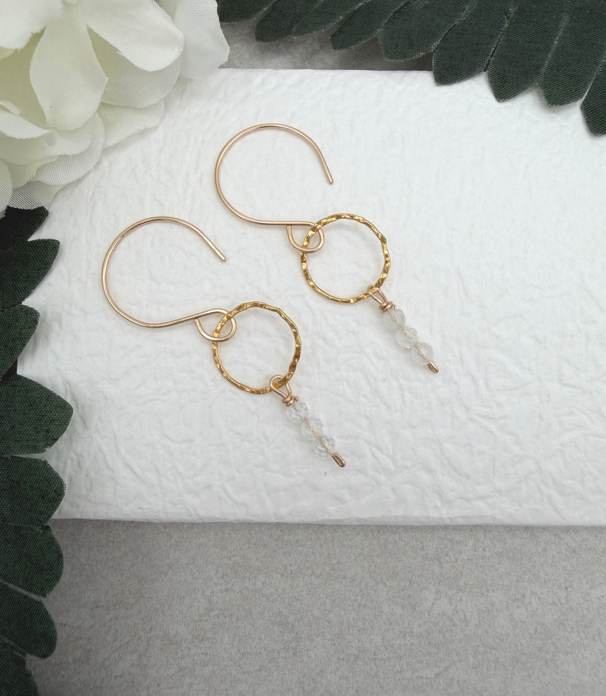 Earrings with Gold Filled Textured Loops and a Line of Moonstone Beads GCHE-122