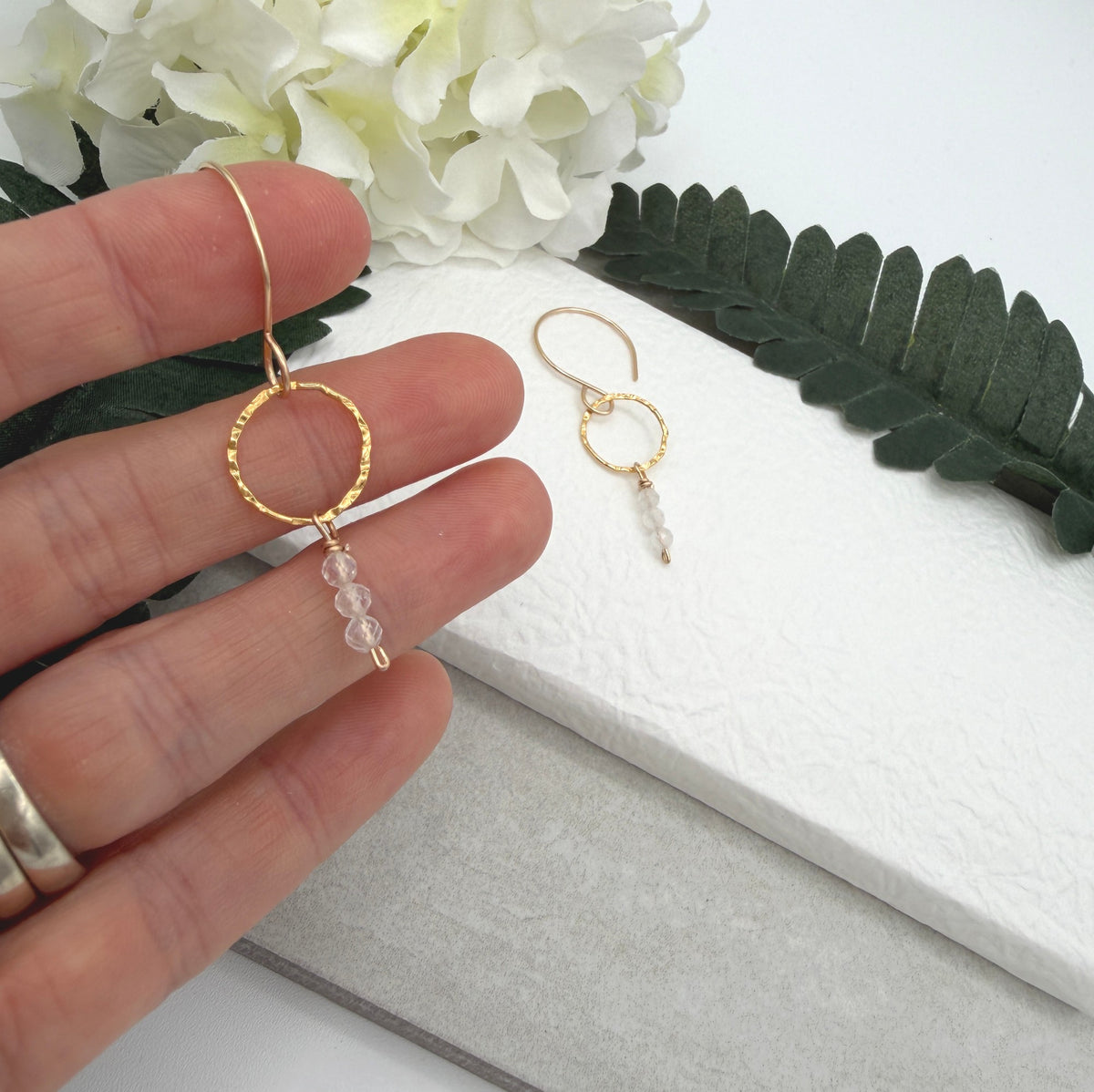 Earrings with Gold Filled Textured Loops and a Line of Moonstone Beads GCHE-122