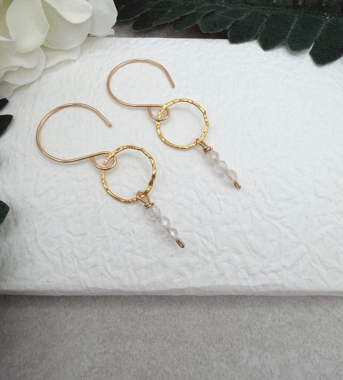 Earrings with Gold Filled Textured Loops and a Line of Moonstone Beads GCHE-122