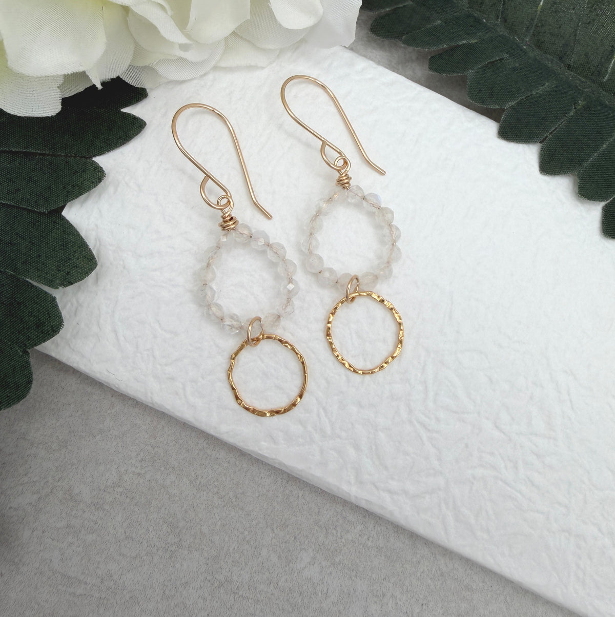 Earrings with Gold Filled Textured Loops and Circles of Moonstone Beads GCHE-123