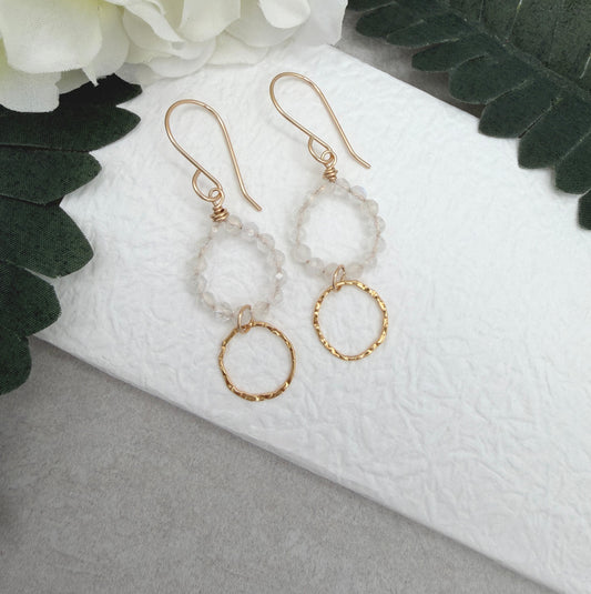 Earrings with Gold Filled Textured Loops and Circles of Moonstone Beads GCHE-123