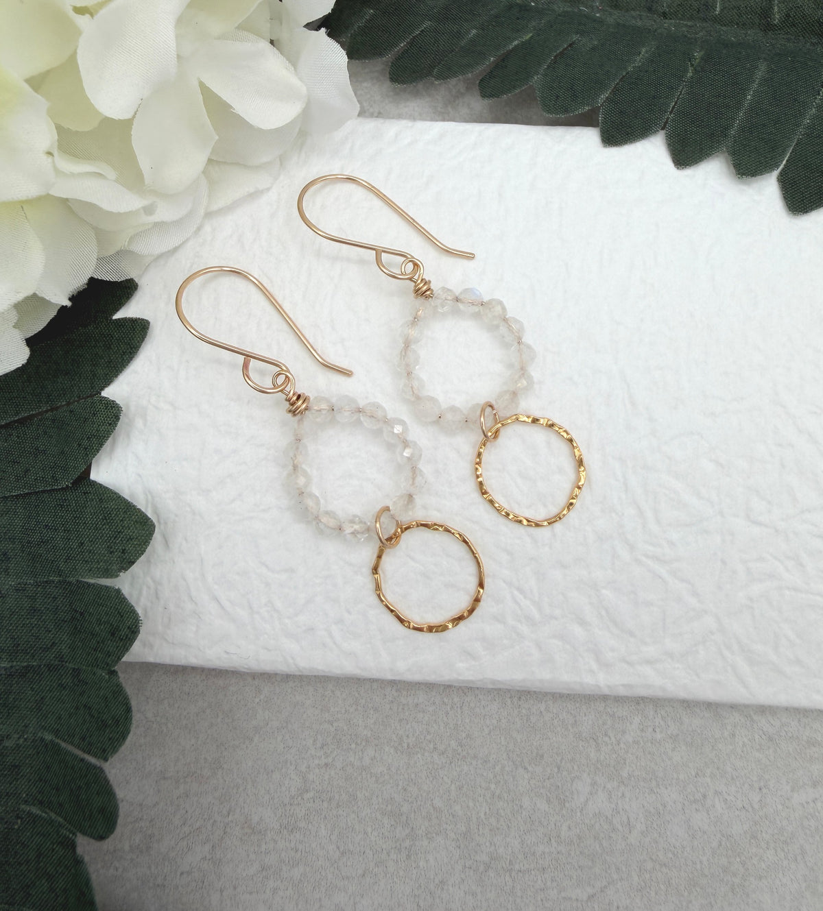 Earrings with Gold Filled Textured Loops and Circles of Moonstone Beads GCHE-123
