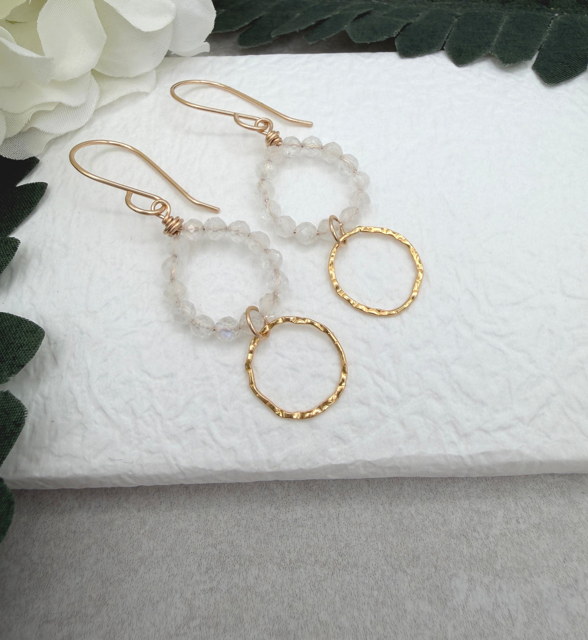Earrings with Gold Filled Textured Loops and Circles of Moonstone Beads GCHE-123