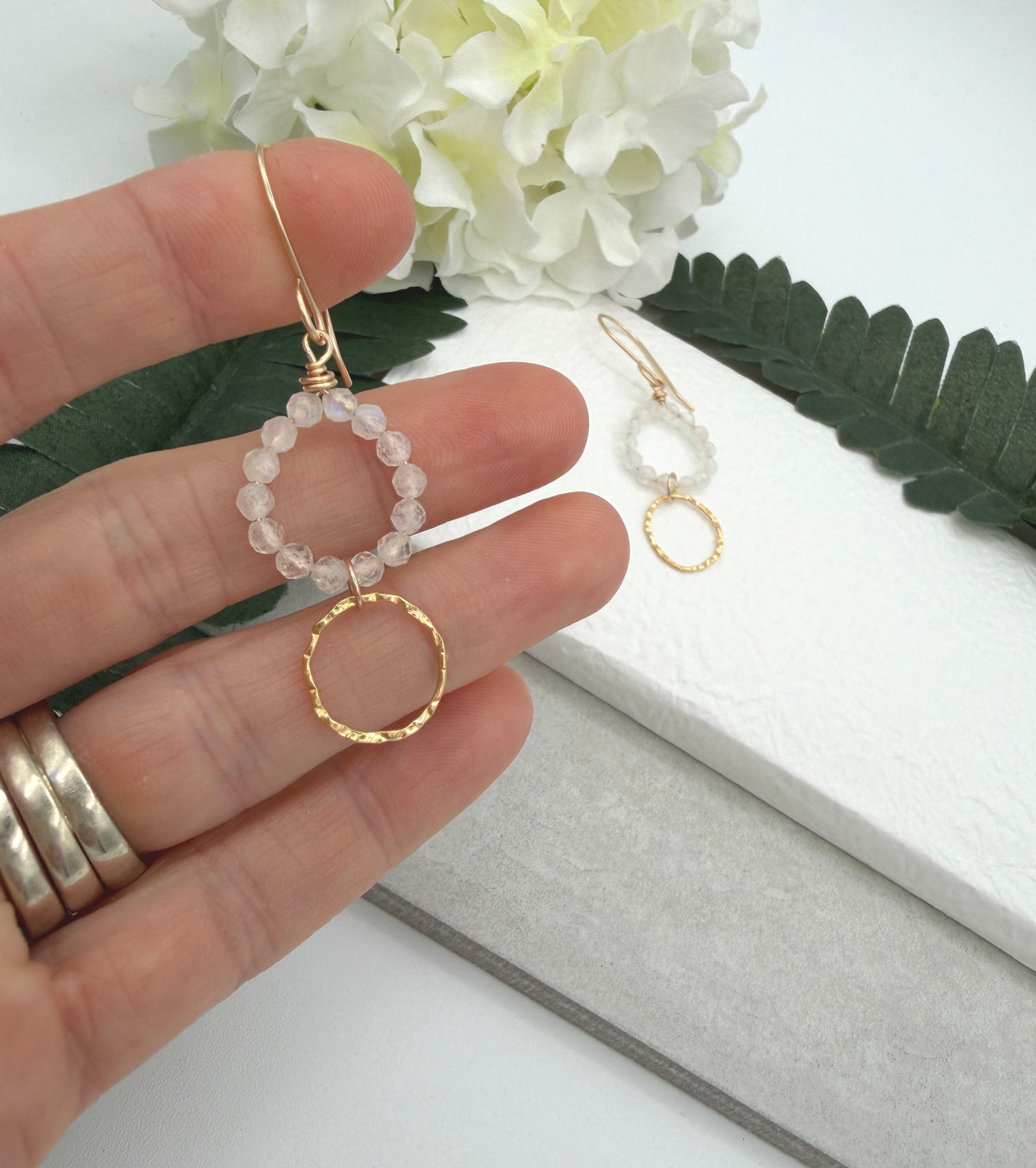 Earrings with Gold Filled Textured Loops and Circles of Moonstone Beads GCHE-123