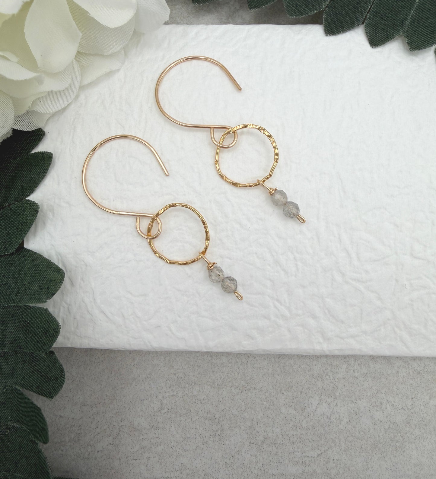 Earrings with Gold Filled Textured Loops and a Line of Labradorite Beads GCHE-124