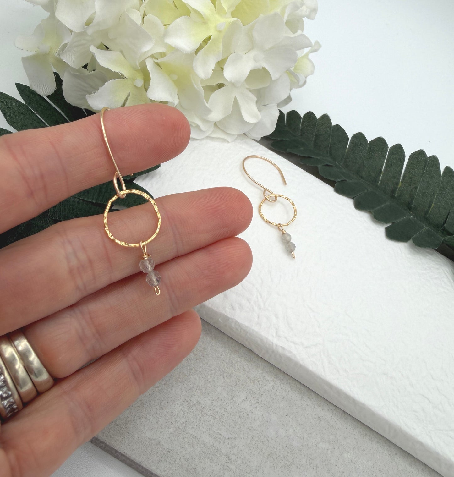 Earrings with Gold Filled Textured Loops and a Line of Labradorite Beads GCHE-124