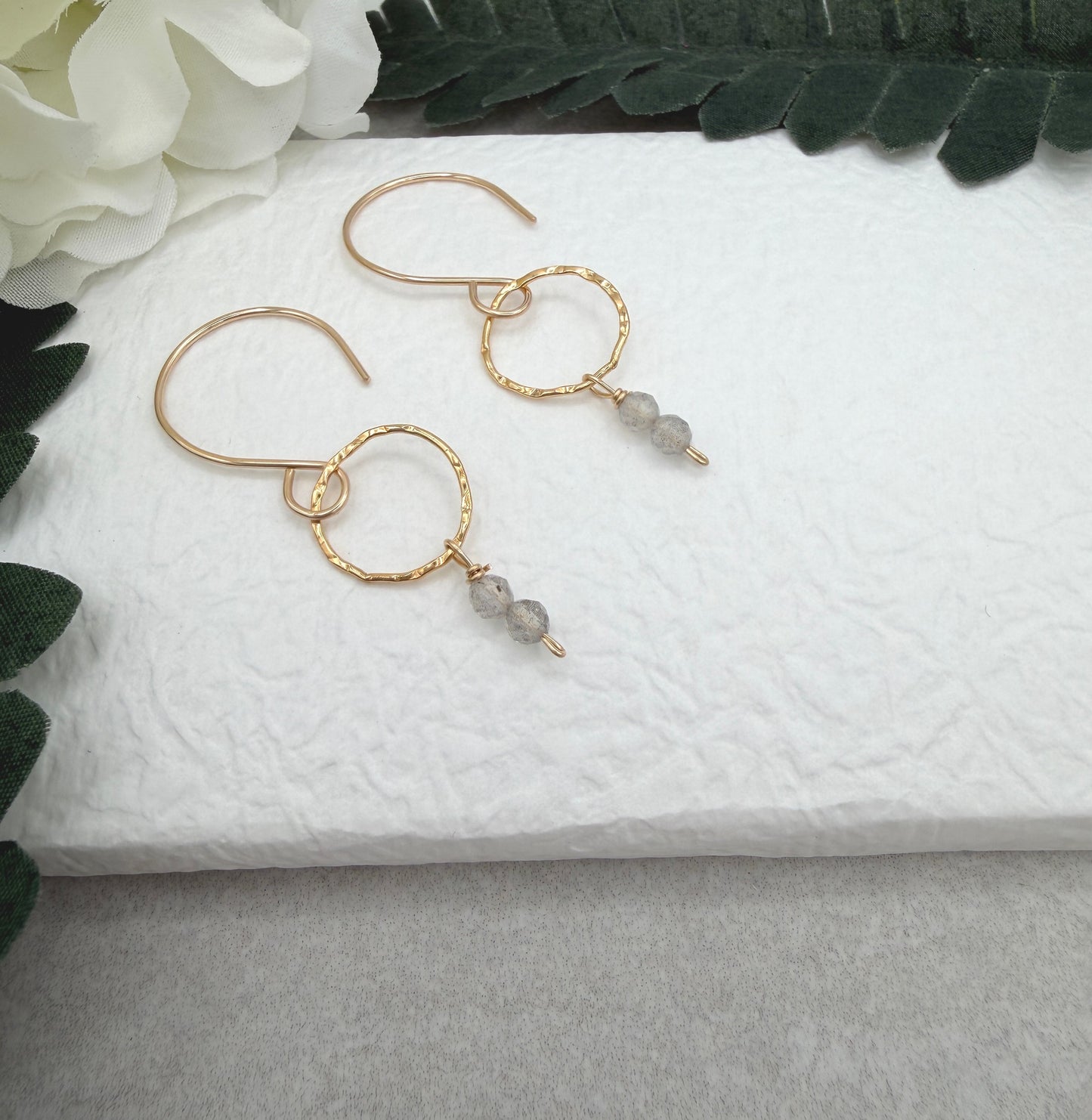 Earrings with Gold Filled Textured Loops and a Line of Labradorite Beads GCHE-124