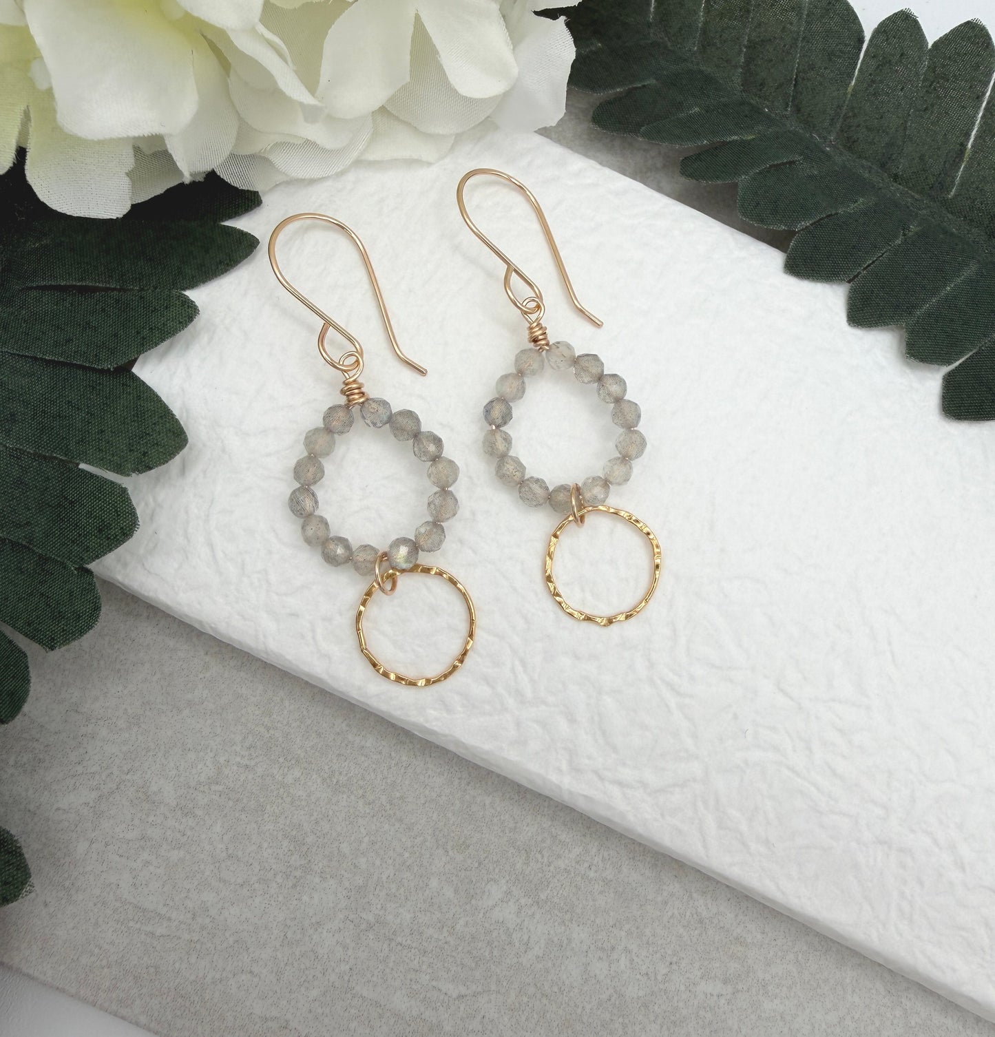 Earrings with Gold Filled Textured Loops and Circles of Labradorite Beads GCHE-125