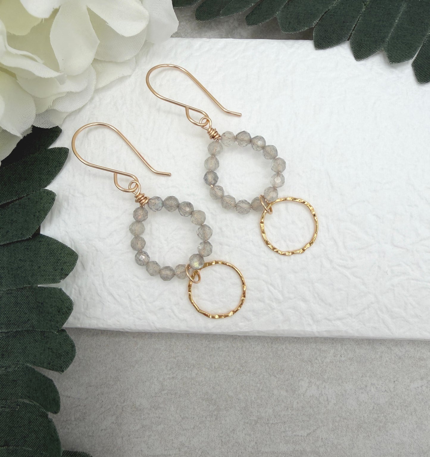 Earrings with Gold Filled Textured Loops and Circles of Labradorite Beads GCHE-125