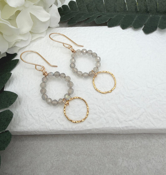 Earrings with Gold Filled Textured Loops and Circles of Labradorite Beads GCHE-125