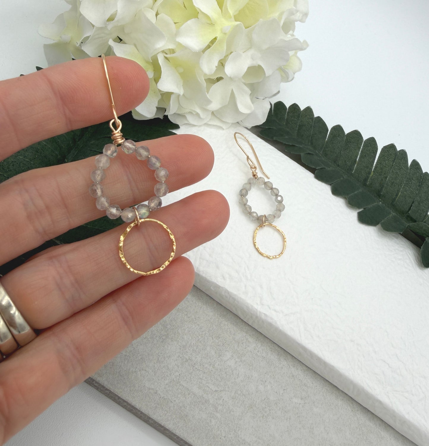 Earrings with Gold Filled Textured Loops and Circles of Labradorite Beads GCHE-125