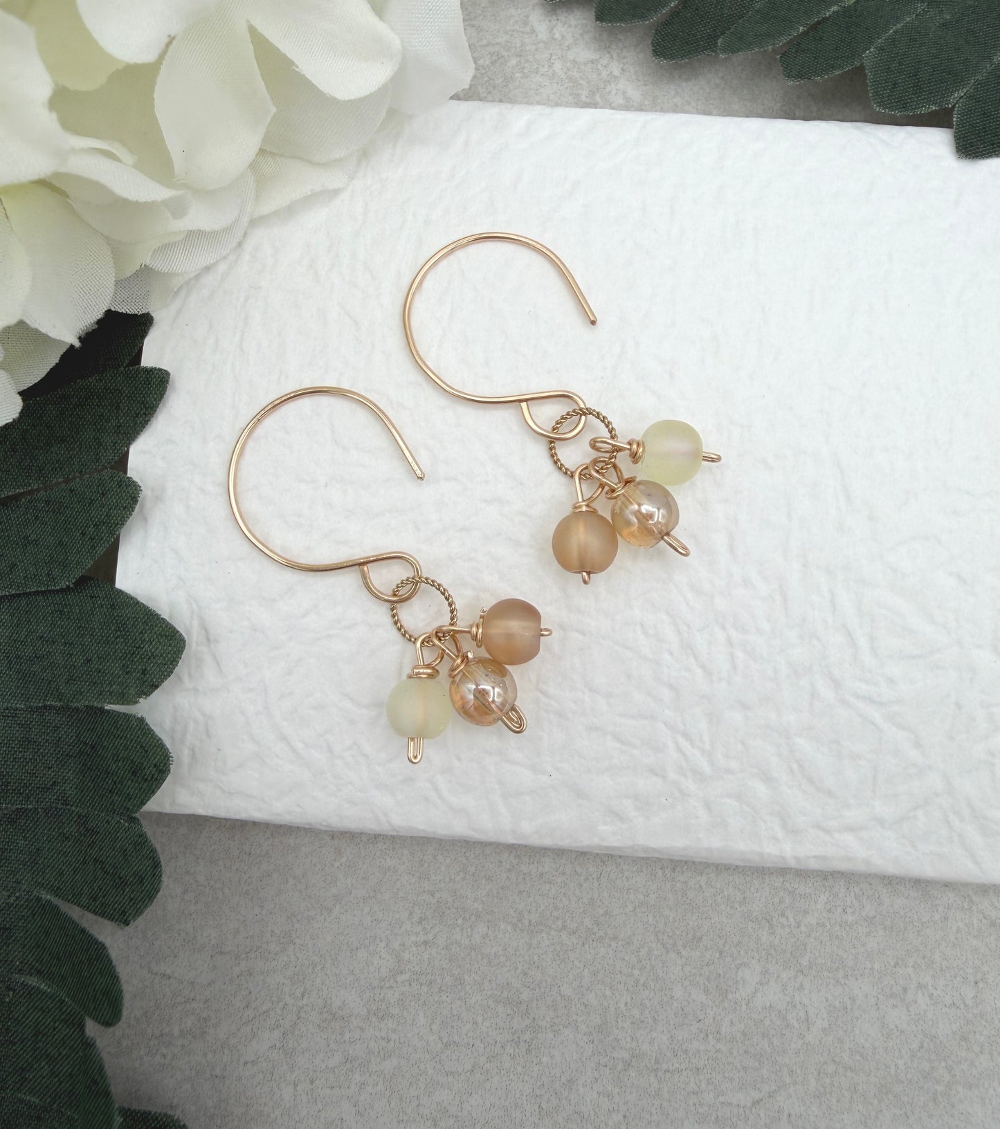 Earrings with Gold Glass AB Beads, Frosted Cream and Gold Glass Beads and Braided Gold Filled Loops GCHE-126