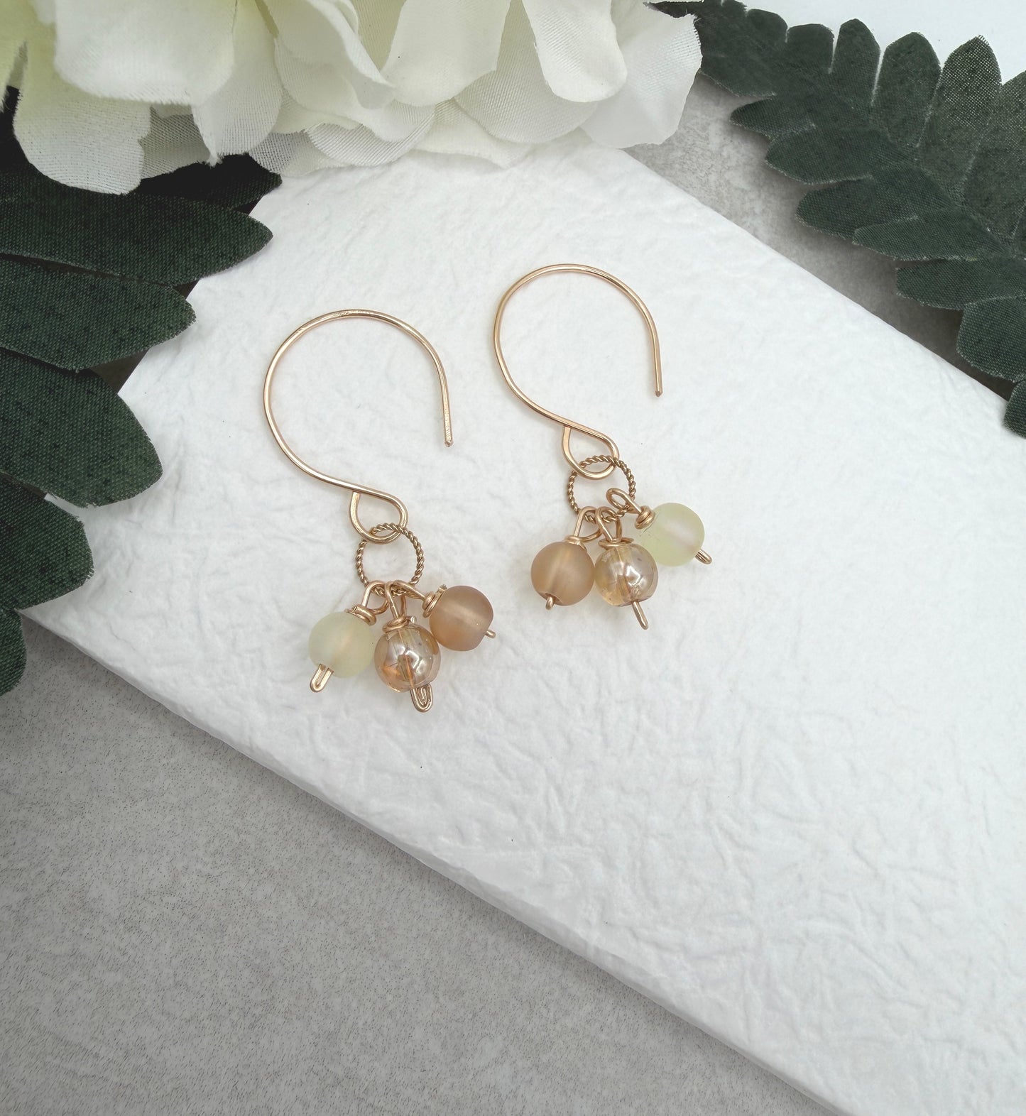 Earrings with Gold Glass AB Beads, Frosted Cream and Gold Glass Beads and Braided Gold Filled Loops GCHE-126