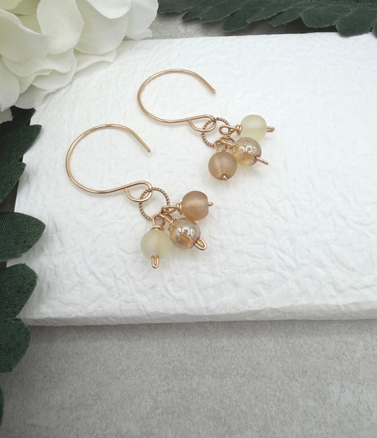 Earrings with Gold Glass AB Beads, Frosted Cream and Gold Glass Beads and Braided Gold Filled Loops GCHE-126