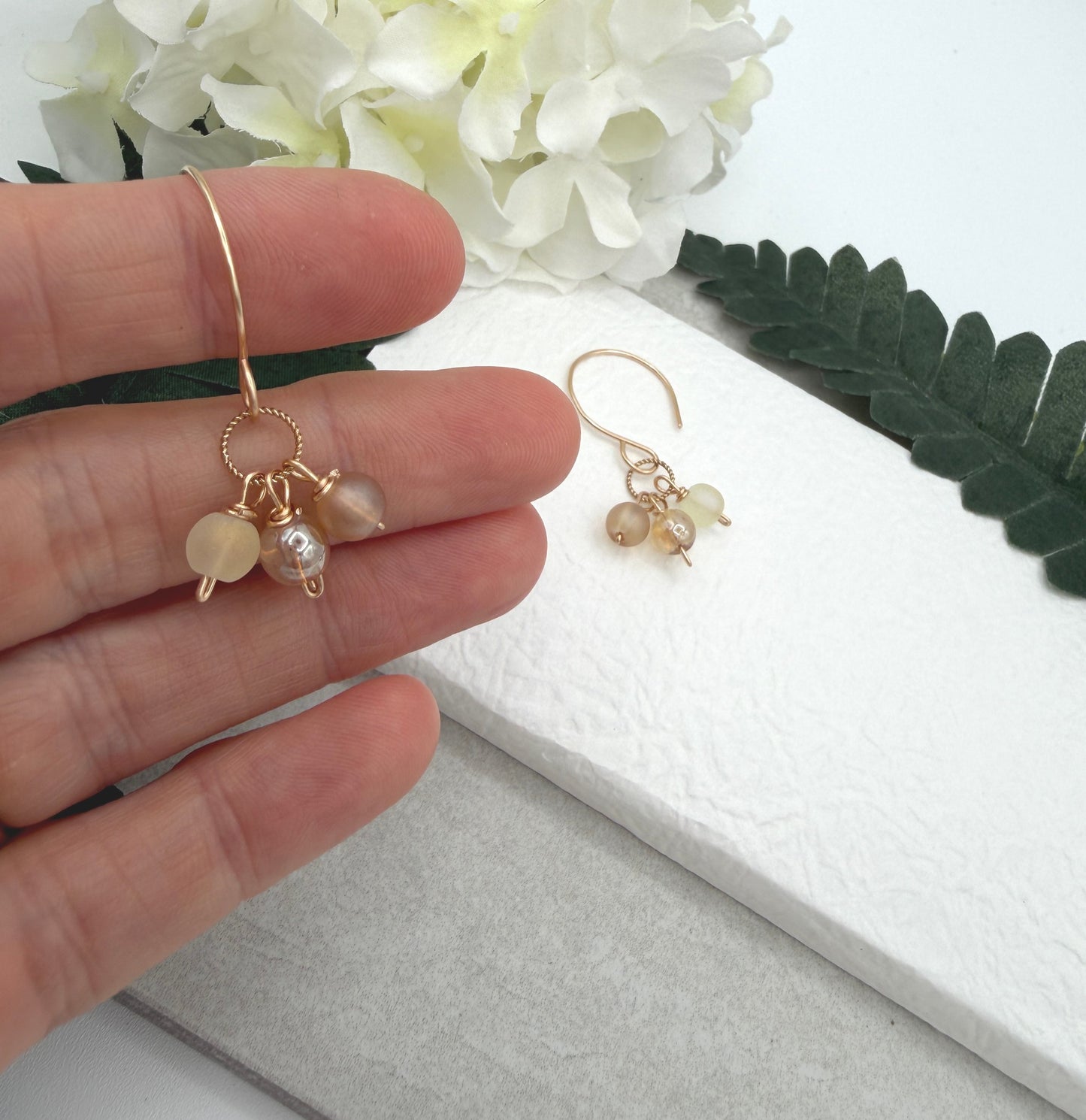 Earrings with Gold Glass AB Beads, Frosted Cream and Gold Glass Beads and Braided Gold Filled Loops GCHE-126