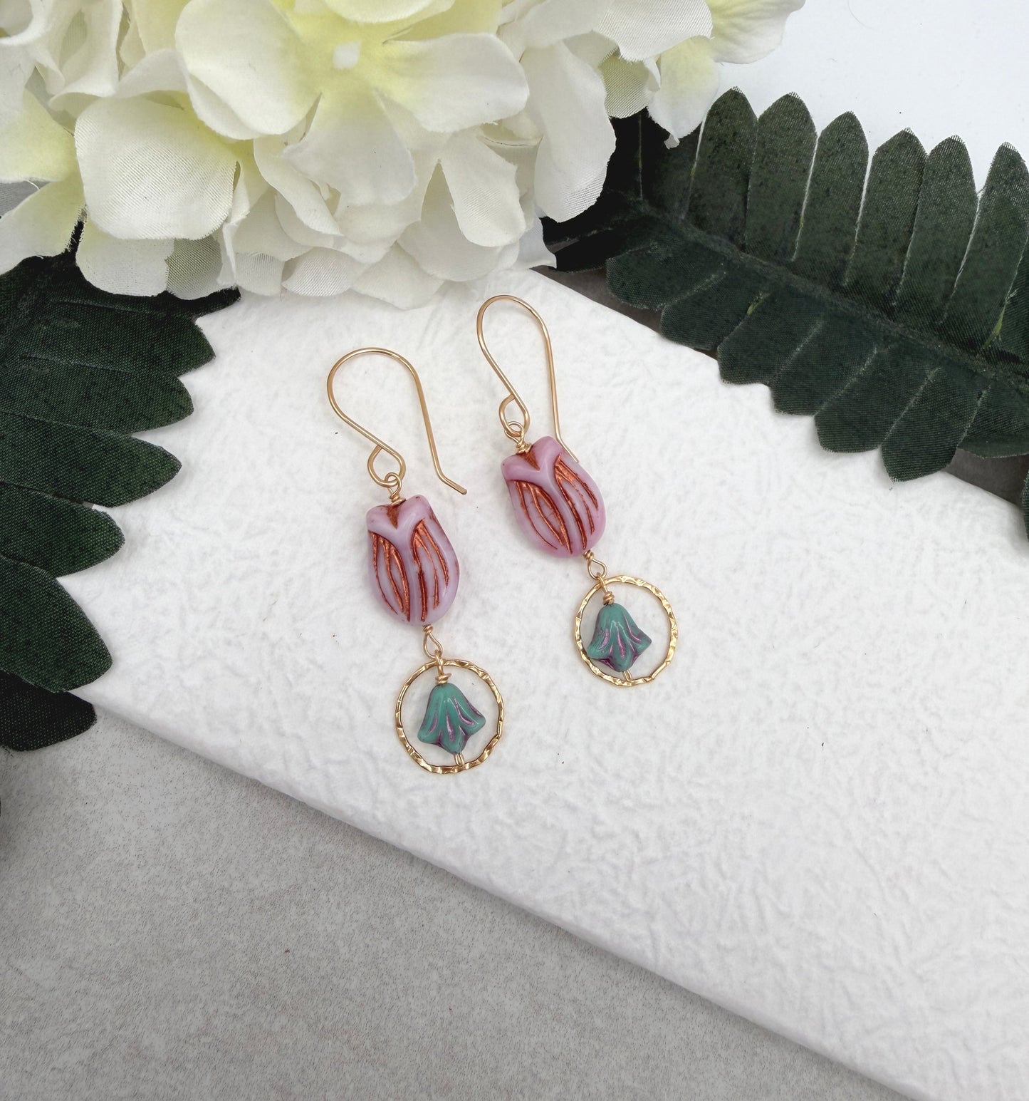Earrings with Pink and Purple Czech Glass Tulip Beads  and Gold Filled Loops GCHE-96