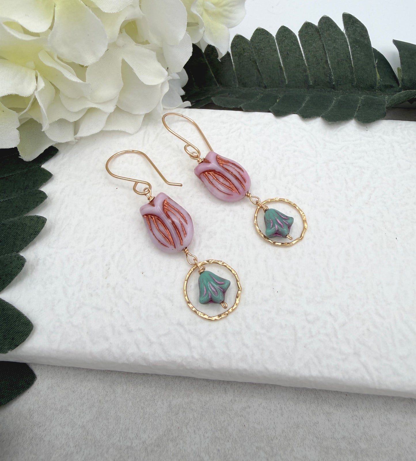 Earrings with Pink and Purple Czech Glass Tulip Beads  and Gold Filled Loops GCHE-96