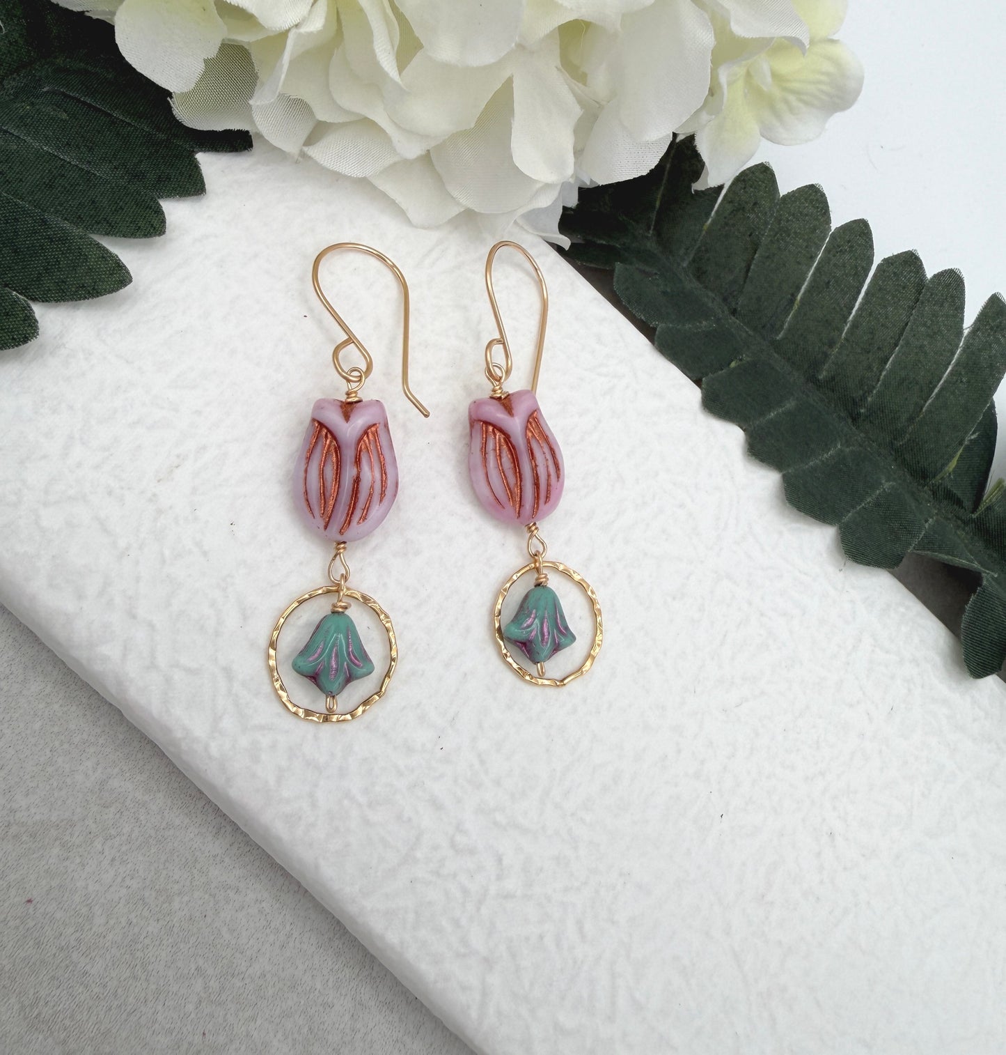 Earrings with Pink and Purple Czech Glass Tulip Beads  and Gold Filled Loops GCHE-96