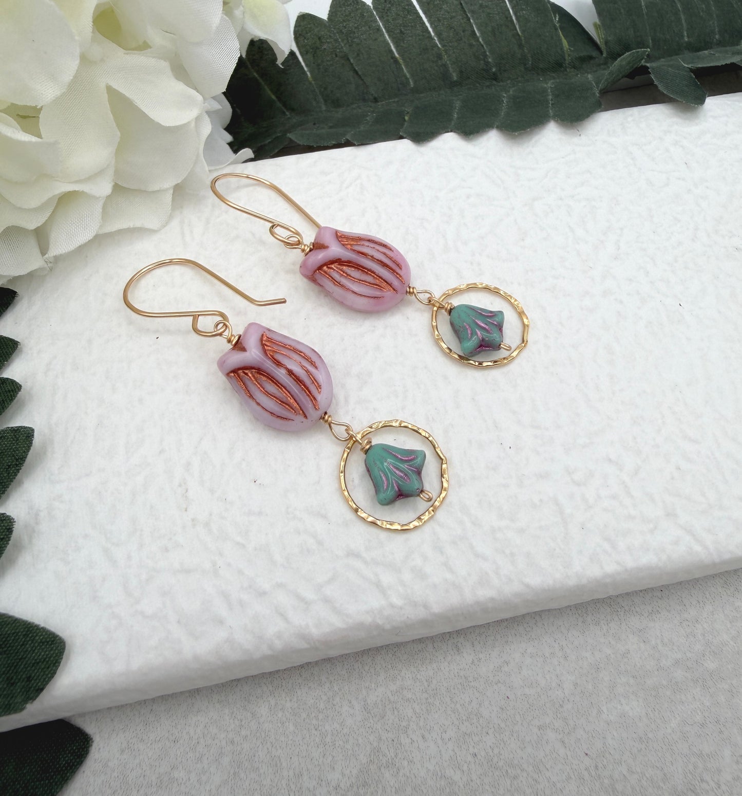 Earrings with Pink and Purple Czech Glass Tulip Beads  and Gold Filled Loops GCHE-96