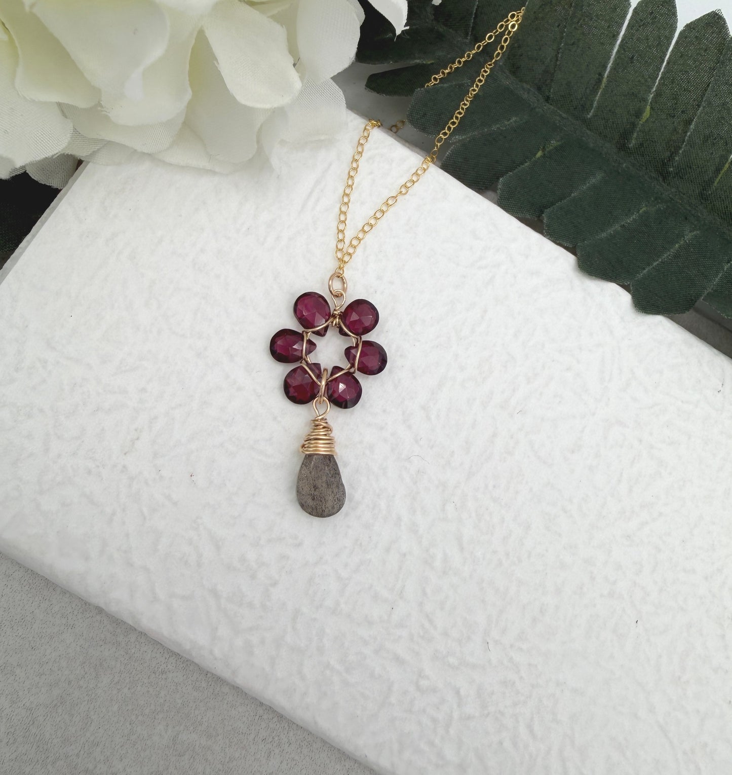 Necklace with Garnet Teardrops Wire Wrapped into a Flower with a Labradorite Teardrop GFP-5
