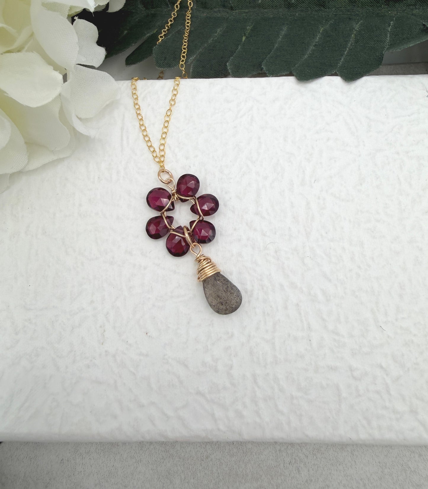 Necklace with Garnet Teardrops Wire Wrapped into a Flower with a Labradorite Teardrop GFP-5