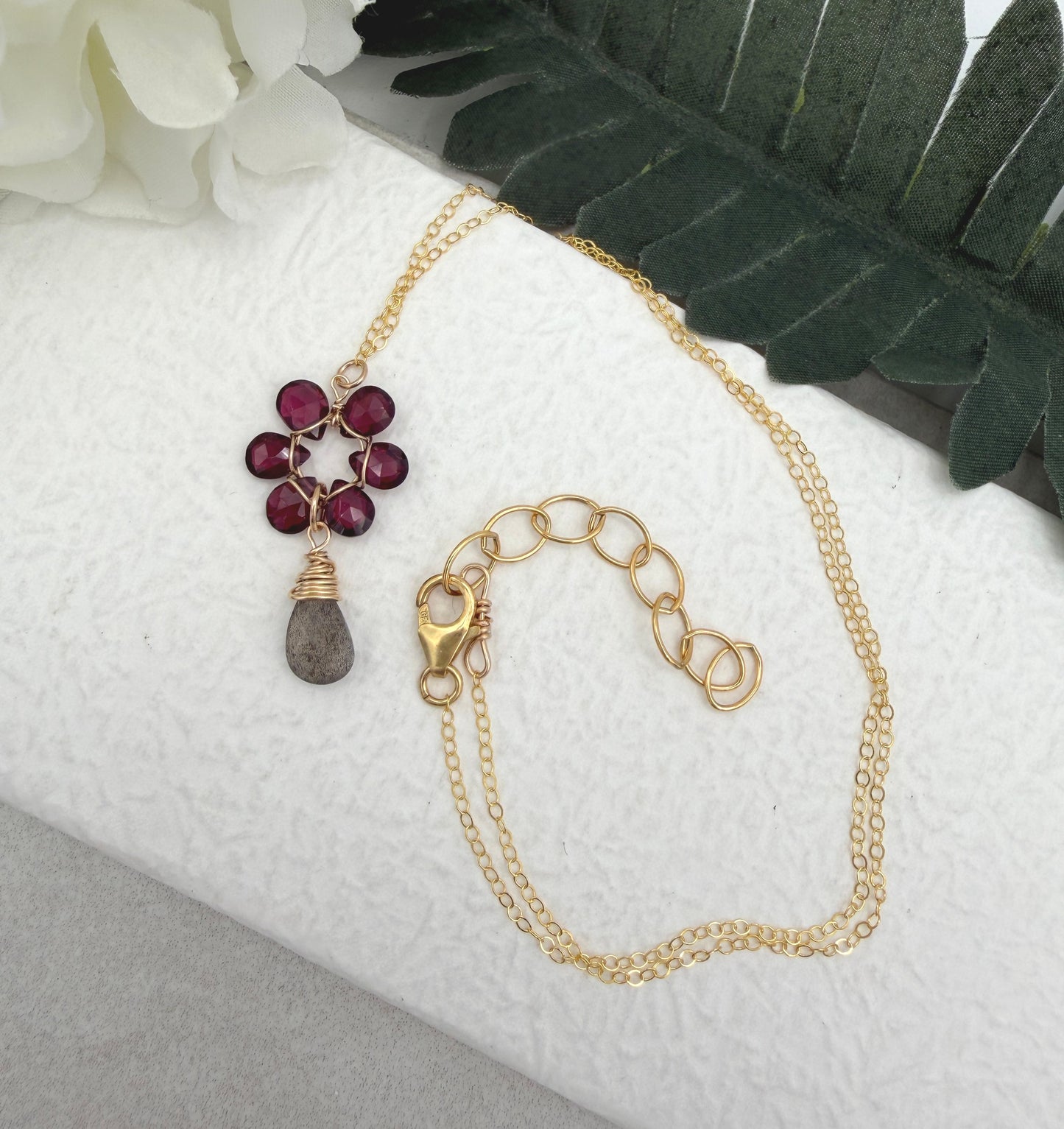 Necklace with Garnet Teardrops Wire Wrapped into a Flower with a Labradorite Teardrop GFP-5