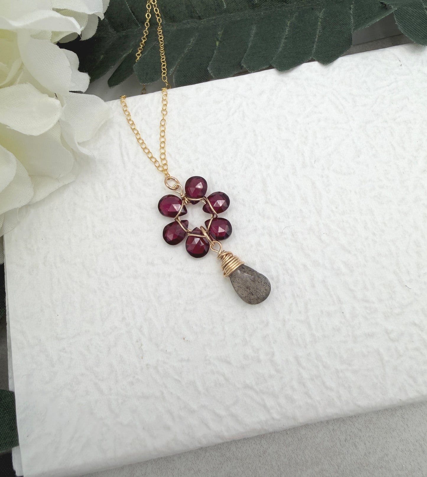Necklace with Garnet Teardrops Wire Wrapped into a Flower with a Labradorite Teardrop GFP-5