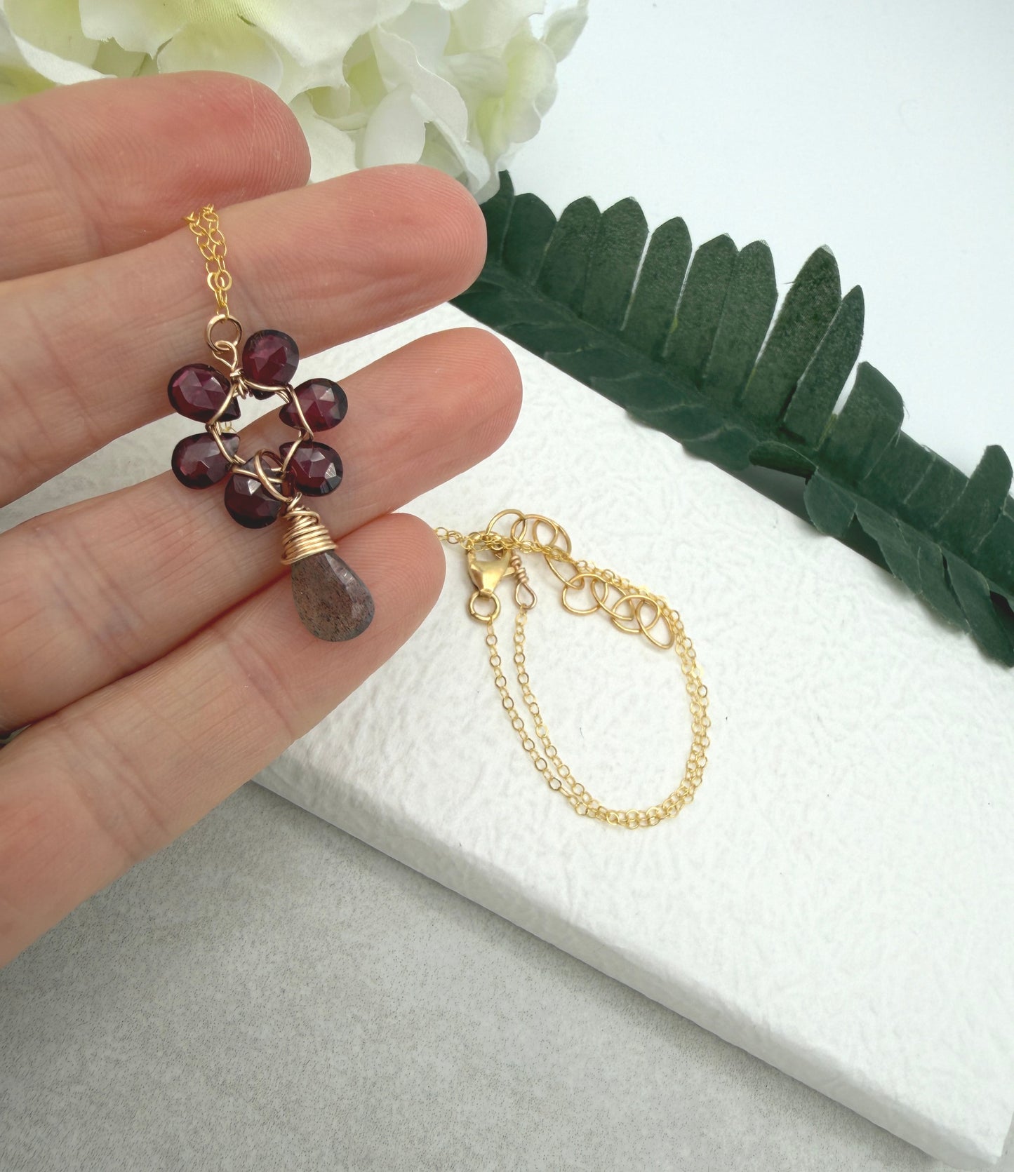 Necklace with Garnet Teardrops Wire Wrapped into a Flower with a Labradorite Teardrop GFP-5