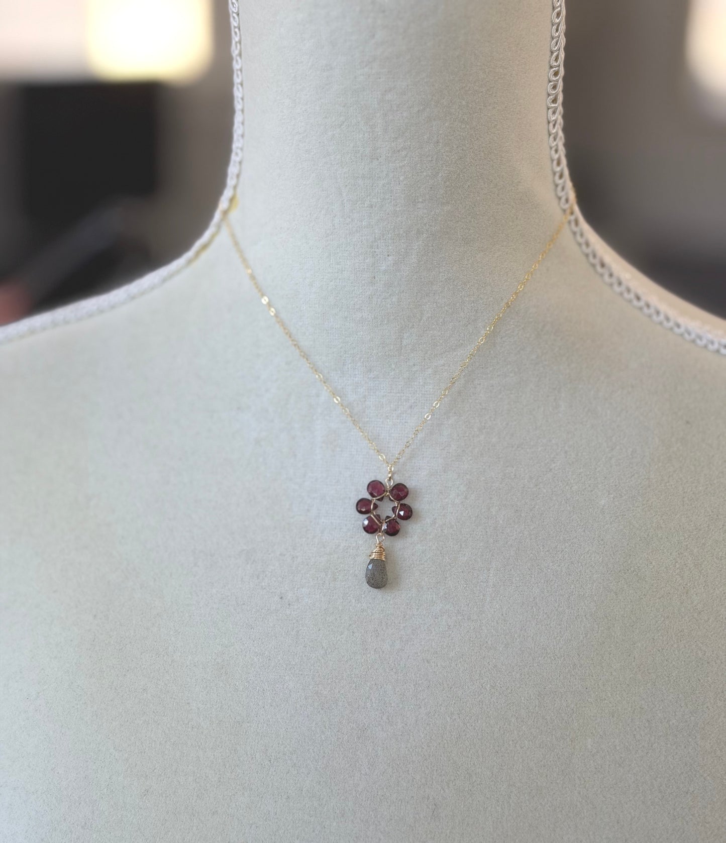 Necklace with Garnet Teardrops Wire Wrapped into a Flower with a Labradorite Teardrop GFP-5