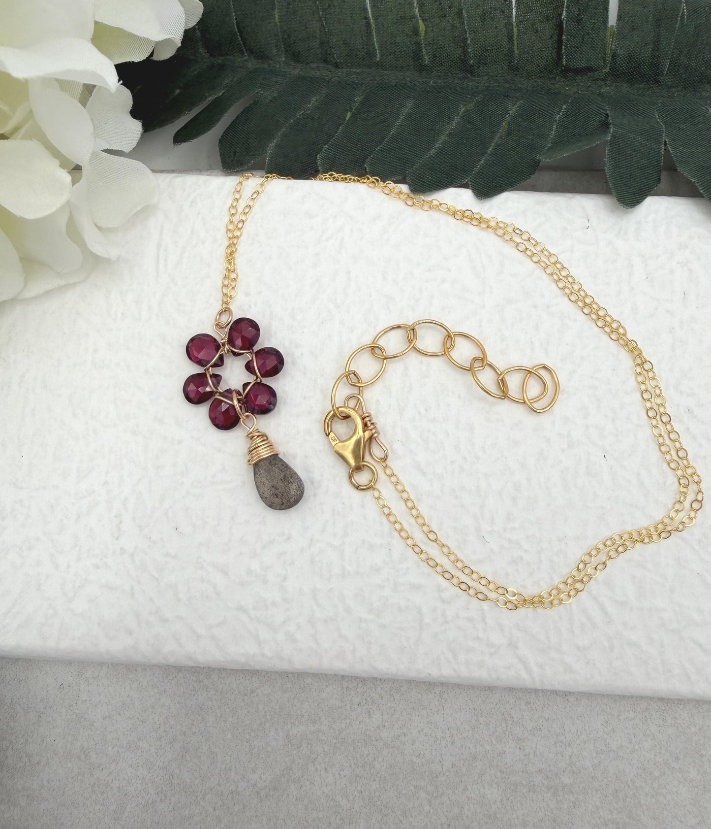 Necklace with Garnet Teardrops Wire Wrapped into a Flower with a Labradorite Teardrop GFP-5