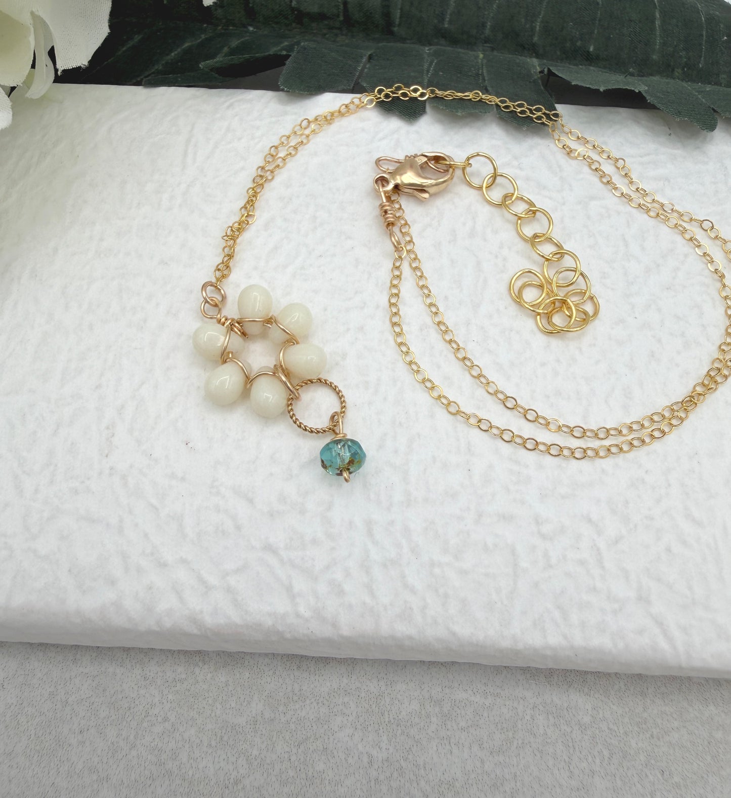 Necklace with Cream Glass Teardrops Wire Wrapped into a Flower with a Braided Loop and Aqua Czech Glass GFP-6