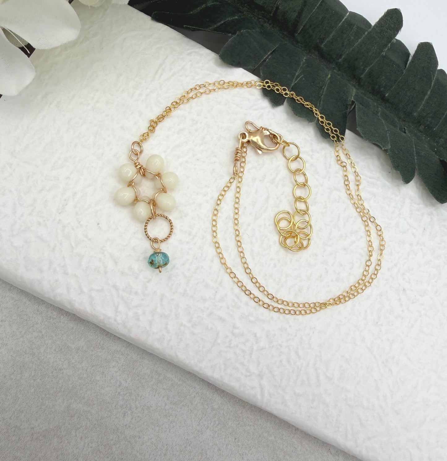 Necklace with Cream Glass Teardrops Wire Wrapped into a Flower with a Braided Loop and Aqua Czech Glass GFP-6