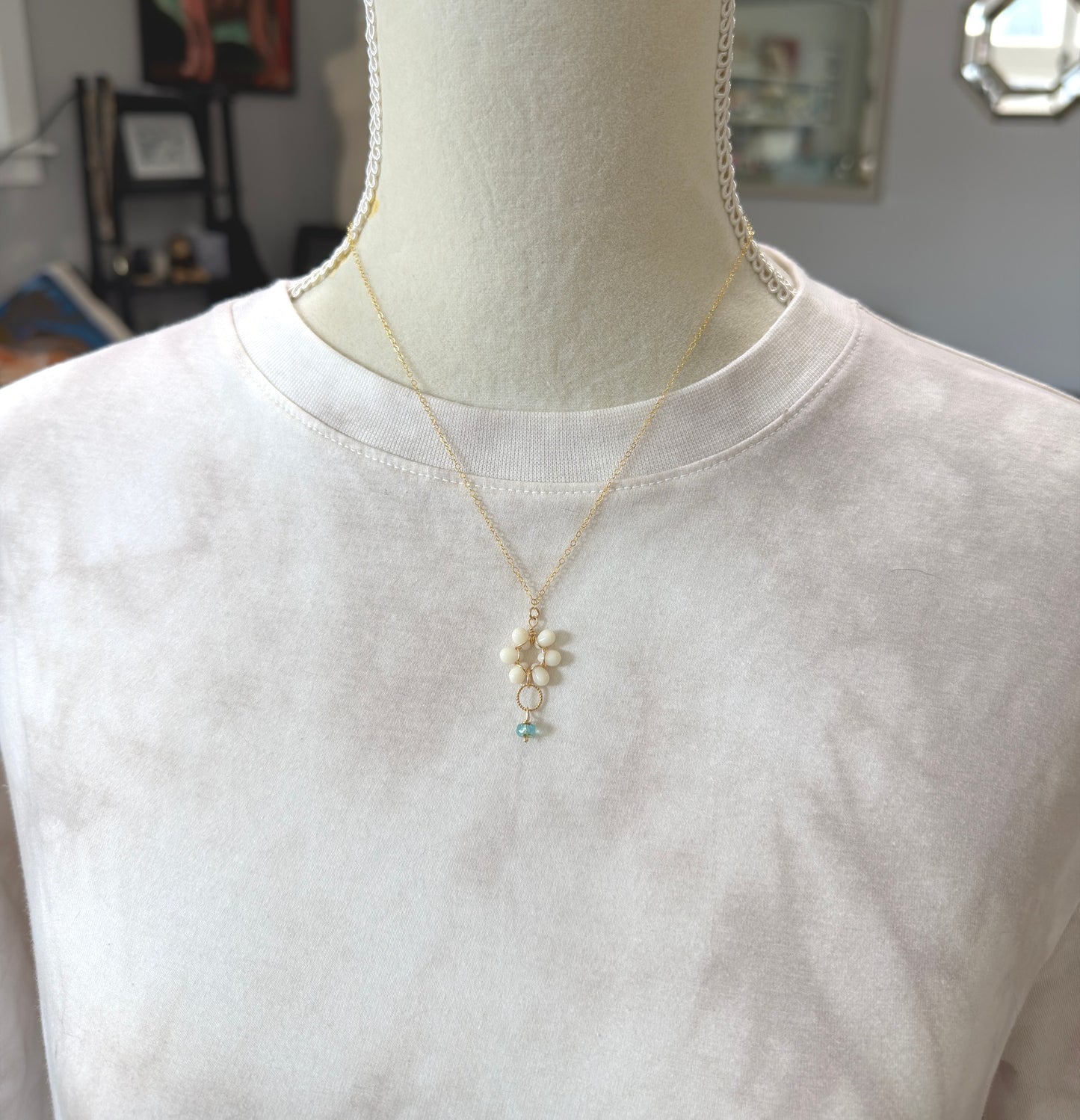 Necklace with Cream Glass Teardrops Wire Wrapped into a Flower with a Braided Loop and Aqua Czech Glass GFP-6
