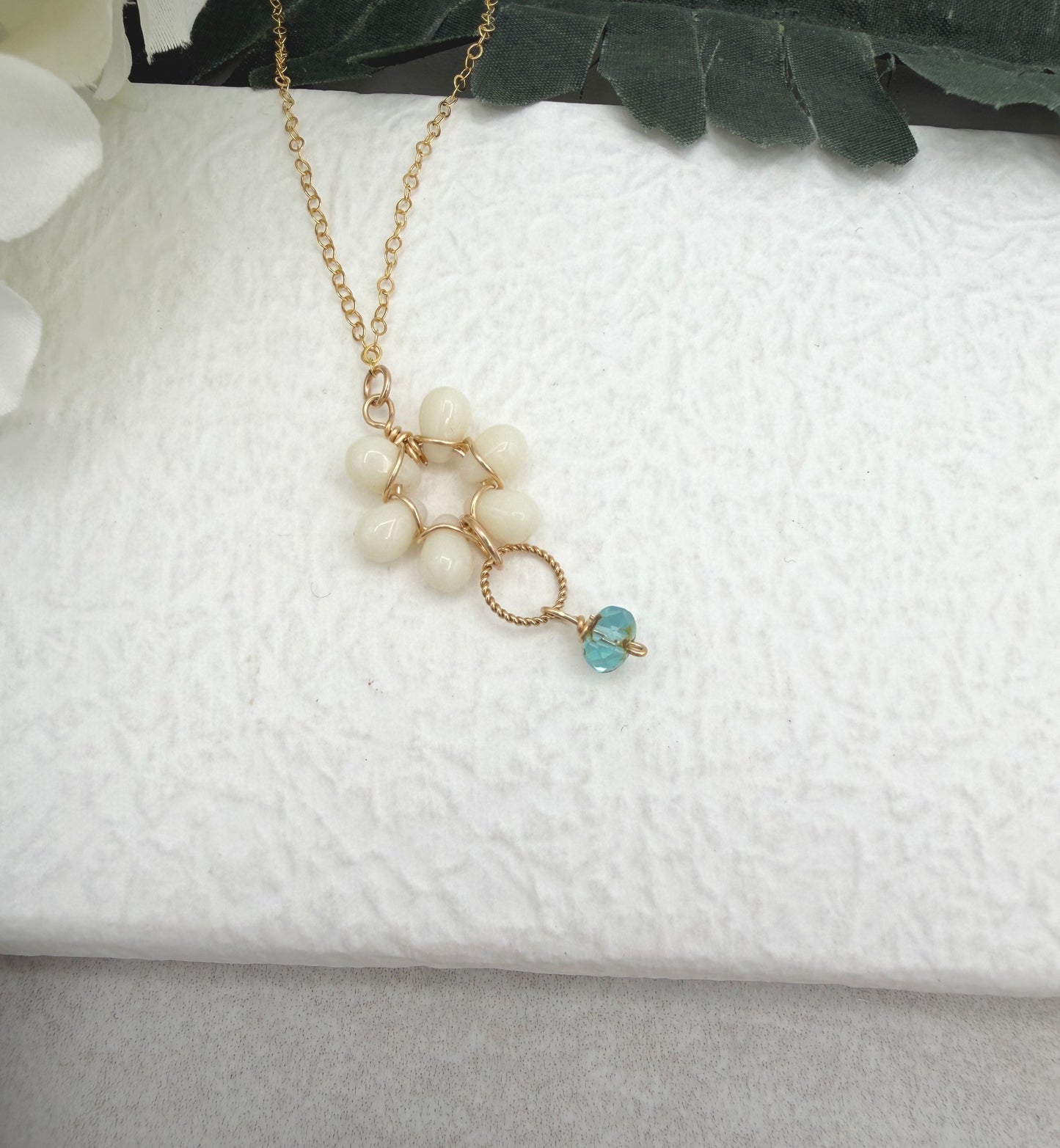 Necklace with Cream Glass Teardrops Wire Wrapped into a Flower with a Braided Loop and Aqua Czech Glass GFP-6