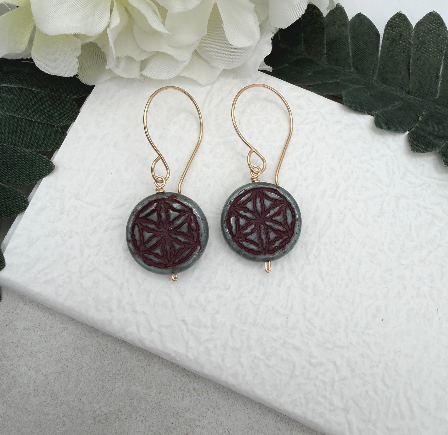 Earrings with Blue Green and Brown Czech Glass Beads with Flower of Life Pattern GHE-186